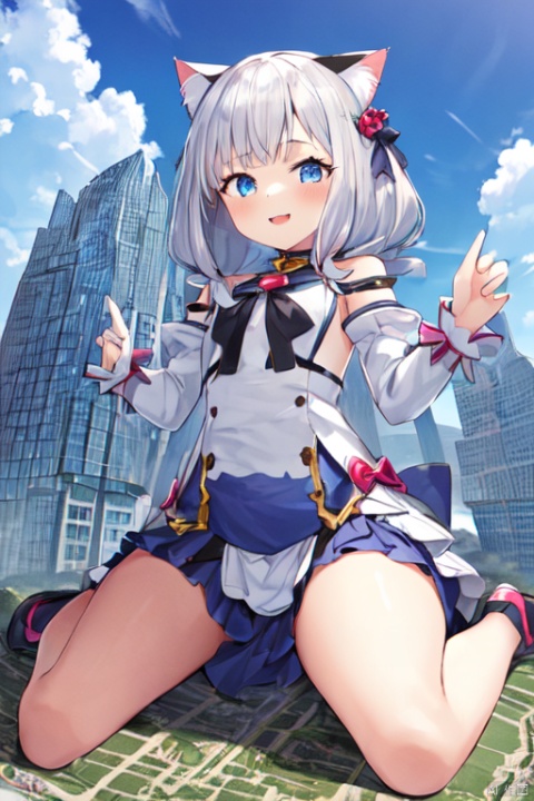  1girl,cat girl,wariza，loli,cute,((((wariza:1.8)))),day,mountain:1.3,little city:1.4,continent, little skyscraper :1.4,looming,full body ,extremely large,from below:1.4,looking at the viewer,little smile