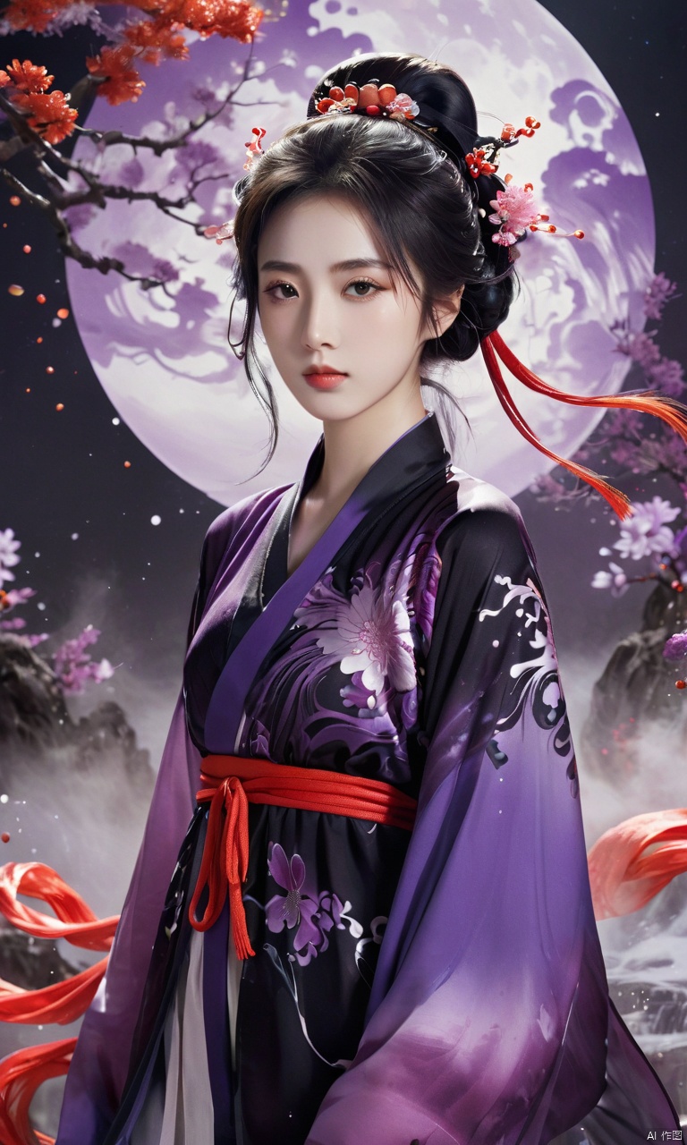  1girl wearing a jin clothes,purple, ink effect, fluid surround, red and black, ,jianjue,eastern mythology,candy-coated