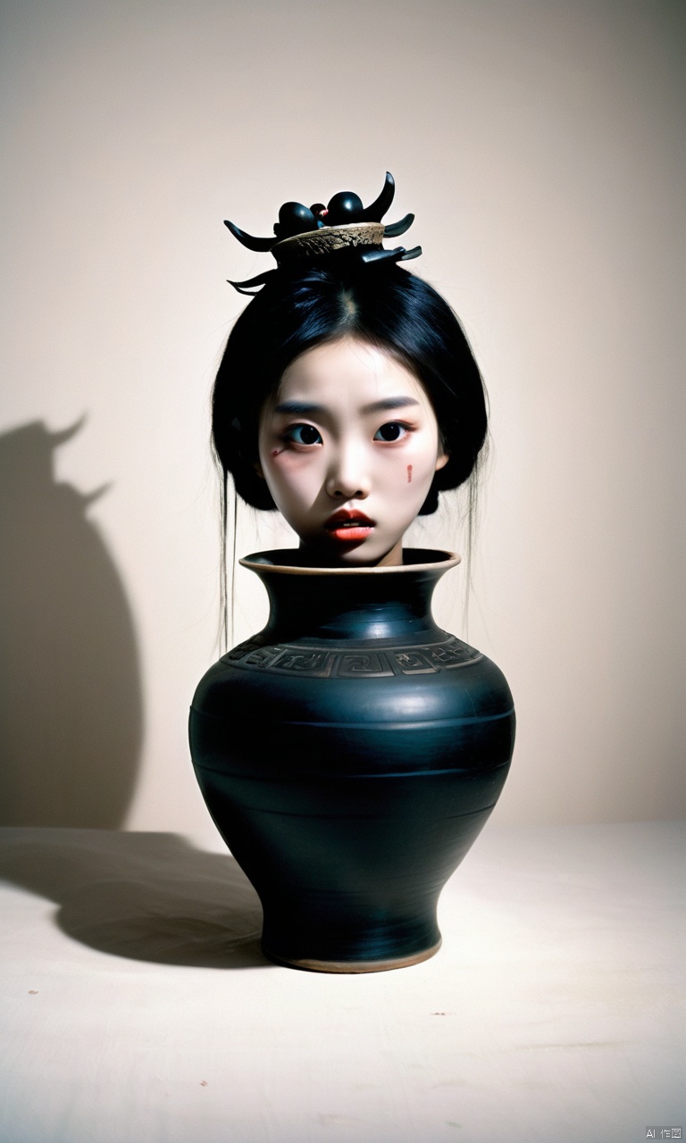  Chinese horror, supernatural, eerie composition, decapitated cute girl head on vase mouth, pale makeup, distraught expression, surreal, ancient Chinese attire, off-white background, minimalistic, mysterious, psychological horror, black vase, cultural horror elements, implied violence, high-quality image, vertical orientation, soft lighting, subtle shadows.,., folklore