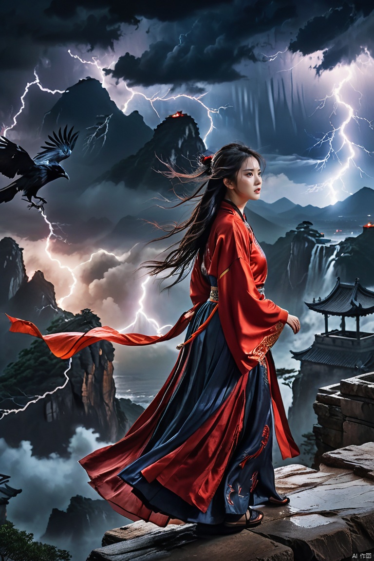 Chinese horror,1girl,((mysterious aura)),standing at the edge of a cliff,stormy night,vibrant red Hanfu,wind-swept hair,((fierce gaze)),dramatic sky,lightning strikes,ominous ravens,ancient ruins,dark clouds,intense emotion,photorealism,((dynamic composition)),electric energy pulsing around her,,,, ((masterpiece)), ((best quality)), 8k, high detailed, ultra-detailed, split theme