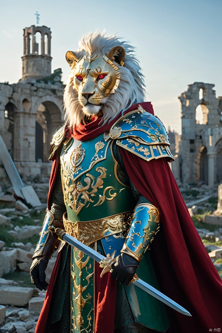 solo, (the cross of Holy Light adorning the armor, and the lion's head adorned with gold on the shoulders), red and green armor, long silver and white hair, wearing a red and green mechanical helmet, covering your face, ((golden glowing eyes)), holding a long sword vexed with blue light, a red tattered cloak swinging in the wind, holding a heavy black and blue glowing sword, Riding an armed horse, standing on the ruins of a city, shot from an Angle, Brutalist, God Light, Blend, Ultra HD, High resolution, cinematic lighting, Chiaroscarulation, Projection Mosaic, wide Angle lens, Wide Angle, anatomically correct, textured skin, Masterpiece, Super Detail, High Detail, High quality, Best quality, 8K