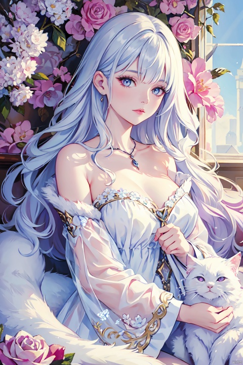  by cgart illustrator,oil painting of a woman with a (Angora\(cat\)), lying, detailed painting inspired by Charlie Bowater, blooming exquisite necklace, 4 k detailed fantasy, white silver painting, her face is a lilac flower, dreamland, watercolor
