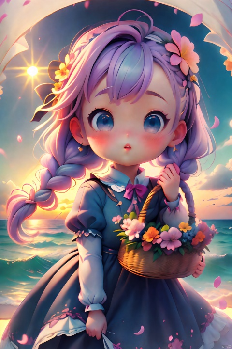 1girl,solo, Lilac,blue eyes, blue sky, blush, bow, braid,long hair,skirt basket, skirt hold, parted lips,The ocean, the sea level, the horizon, the waves, petals, pink flower,scenery,sunset, twilight, sun, flowers, lavender,
