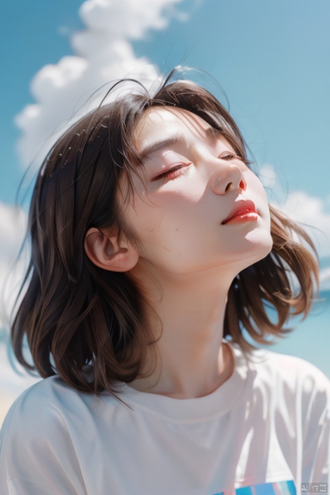  1 girl, European and American face, 70 degree face, looking up ,eyes closed,0.03, revealing ears, brown hair,, white short sleeved shirt,, blue sky background,light cloud, Purity Portait, hologram girl