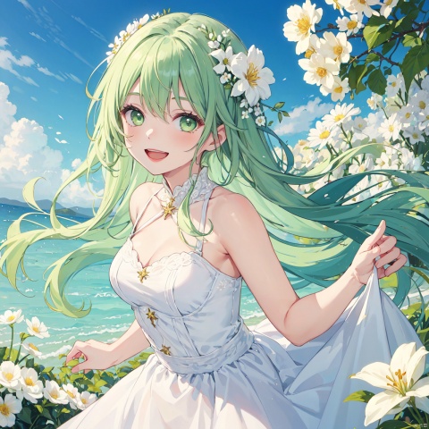 (best quality),(masterpiece),1girl, flower,white dress, solo, green hair, long hair, smile, open mouth, looking at viewer, bangs, white flower, green eyes