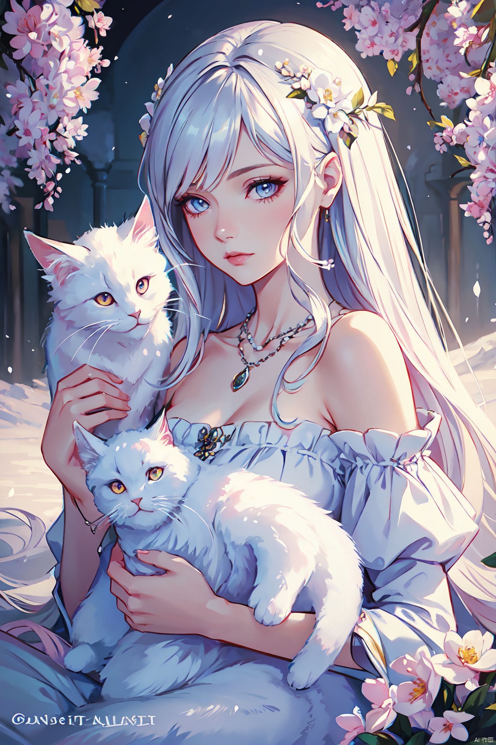  by cgart illustrator,oil painting of a woman with a (Angora\(cat\)), lying, detailed painting inspired by Charlie Bowater, blooming exquisite necklace, 4 k detailed fantasy, white silver painting, her face is a lilac flower, dreamland
