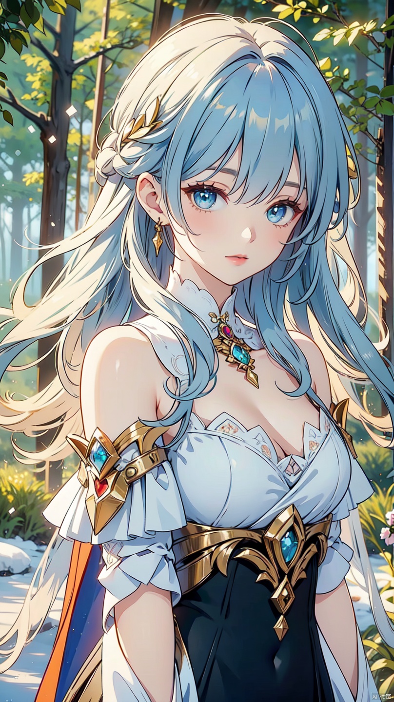 In a breathtaking 8K wallpaper, World Masterpiece Theater presents a stunning anime girl standing amidst a serene Snow Forest. The camera captures her in exquisite detail, with floating snowflakes dancing around her. Her beautiful, long hair flows gently behind her like a veil, framing her striking features. The focus is on her captivating face, adorned with golden jewelry and a delicate organdie dress that barely covers her bare shoulders. Her eyes sparkle like diamonds as she gazes directly at the viewer. In the background, a majestic tree-lined landscape unfolds, illuminated by warm light leaks and lens flares, creating an ethereal atmosphere. The overall effect is mesmerizing, with every element meticulously crafted to create a masterpiece worthy of its name.