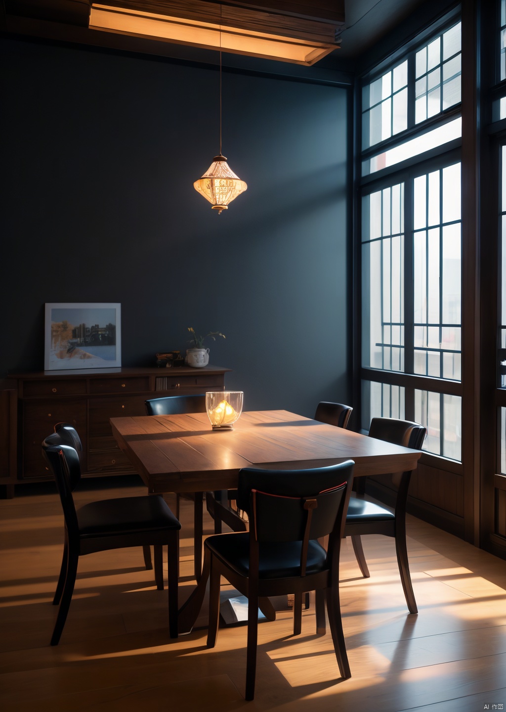  zen,There is a table in the room with a lamp on it, 3ds max+vray, building visualization, black vertical Flat noodles wood, octane rendering h 1024, vray 4k rendering, vue rendering, building finishes, high-resolution movie rendering 100k, volume lighting - h 7 6 8, 8k renderer, super realistic renderer vrray, v-ray 8k uhd, Asian interior decoration Chinese traditional texture, vray render 4k, Lumion pro rendering, Vray tracing,high detail,extremely detailed, best quality, masterpiece, high resolution, Photorealism, Hyperrealistic, Realistic, 8Kcorona render, octane render, 3ds maxzen