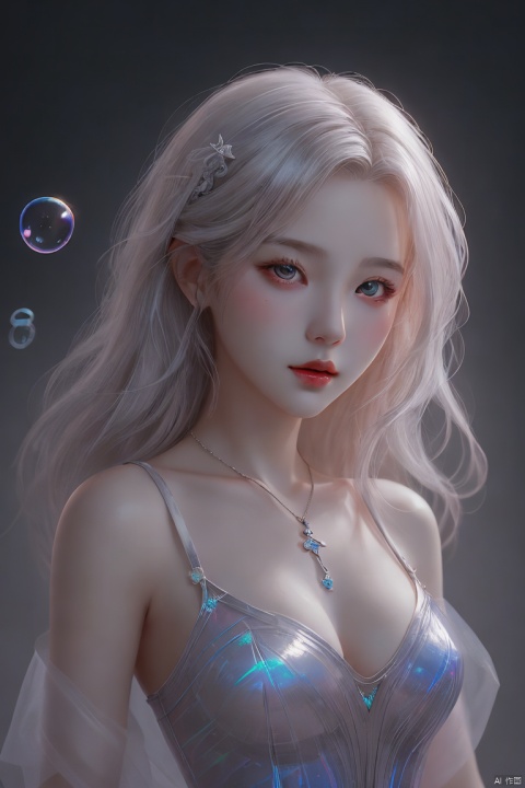  oil painting of a woman for oia stunning, promo by Tony\(dongli\), detailed painting inspired by Charlie Bowater, blooming exquisite necklace, 4 k detailed fantasy, white silver painting, dreamland, (\meng ze\), hologram girl,bubble
