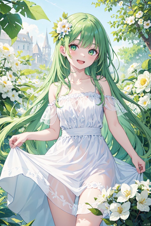 (best quality),(masterpiece),1girl, flower,white dress, solo, green hair, long hair, smile, open mouth, looking at viewer, bangs, white flower, green eyes,
