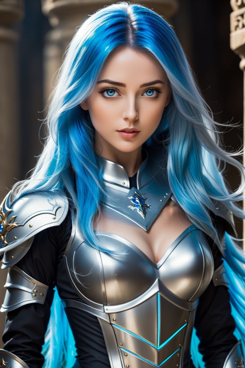  Long hair,blue eyes,blue hair,D cup size,realistic,flowing hair, exquisite facial features, extremely beautiful face, clear details,full armor,priest,full body,glowing eyes, Face Score