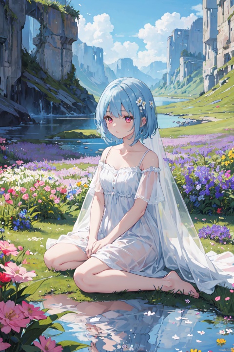 best quality, masterpiece, illustration, (reflection light), incredibly absurdres, 1girl, girl middle of flower, pure skyblue hair, red eyes, clear sky, outside, collarbone, loli, sitting, absurdly long hair, clear boundaries of the cloth, white dress, fantastic scenery, ground of flowers, thousand of flowers, colorful flowers, flowers around her, various flowers
