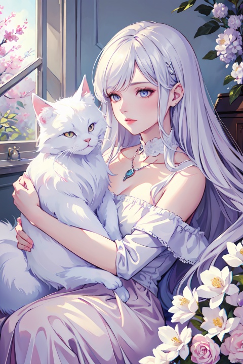 by cgart illustrator,oil painting of a woman with a (Angora\(cat\)), lying, detailed painting inspired by Charlie Bowater, blooming exquisite necklace, 4 k detailed fantasy, white silver painting, her face is a lilac flower, dreamland, watercolor
