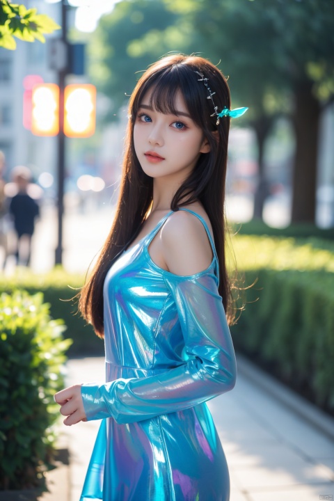  1girl,solo,long hair,hair ornament,blue eyes,(stadning:1.3),bangs,dress,looking at viewer,detached sleeves,blurry,blurry background,outdoors, hologram girl