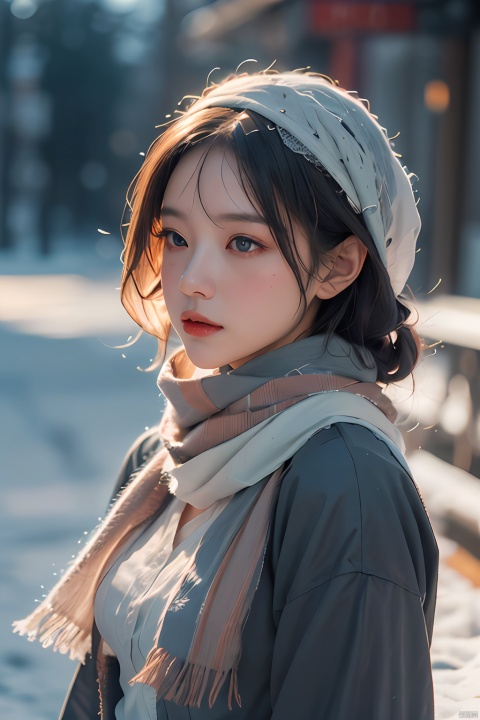  masterpiece,best quality,official art,
 1girl, upper body, face close up,scarf, maid, snow shelter,exposure blend, medium shot, bokeh, (hdr:1.4), high contrast, (cinematic, teal and orange:0.85), (muted colors, dim colors, soothing tones:1.3), Gauze Skirt, Purity Portait, hologram girl