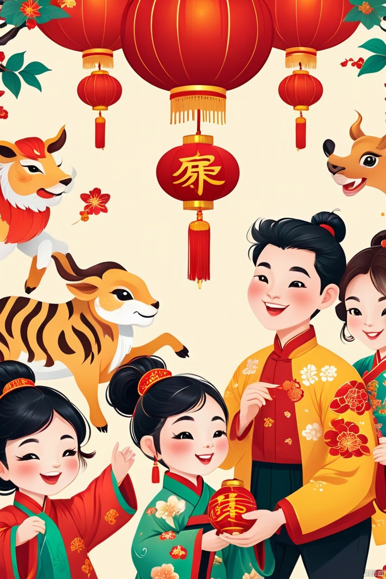  Imagine a lively scene where various animals from the Chinese zodiac come together for a grand New Year's feast. Ensure each animal is depicted with character and personality, showcasing their unique traits. Use a vibrant and festive color palette with red and gold tones, symbolizing good luck and prosperity. Incorporate traditional Chinese New Year decorations like lanterns and firecrackers to enhance the celebratory atmosphere. This illustration should convey joy, togetherness, and the essence of the holiday.
Art Style: Festive and Illustrative
poakl cartoon newyear style,best quality,masterpiece, Face Score, light master