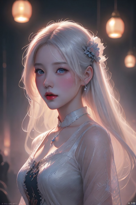  oil painting of a woman for oia stunning, promo by Tony\(dongli\), detailed painting inspired by Charlie Bowater, blooming exquisite necklace, 4 k detailed fantasy, white silver painting, dreamland, (\meng ze\)