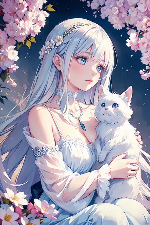 A whimsical oil painting by cgart illustrator captures the tender moment of a woman gently cradling an Angora cat, amidst a fantastical dreamscape. The subject's porcelain doll-like complexion blooms into a delicate lilac flower on her face, as she lies serenely against a soft, white silver-tinged backdrop. A stunning necklace adorned with blooming flowers and sparkling gemstones wraps around her neck, evoking the dreamy essence of Charlie Bowater's imaginative art. In this 4K-detailed fantasy world, watercolor-inspired hues bring an ethereal quality to the composition.