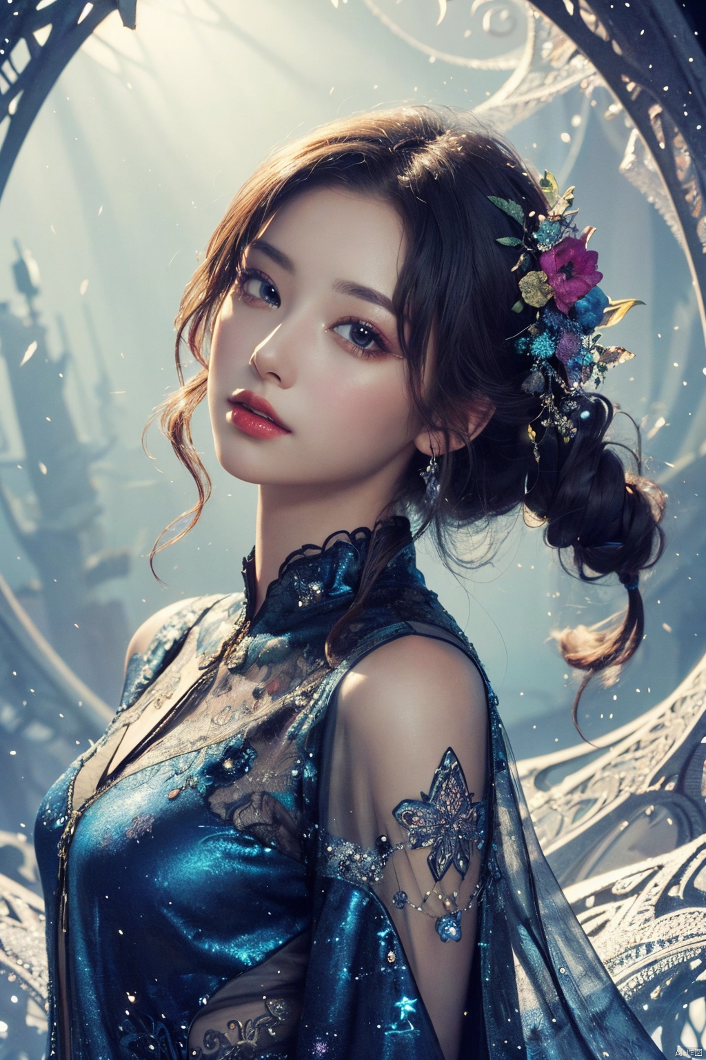 (masterpiece, top quality, best quality, official art, beautiful and aesthetic:1.2), (1girl), extreme detailed,(fractal art:1.3),colorful,highest detailed,Dreamy Atmosphere,Bright color,Complete clothes., Light master