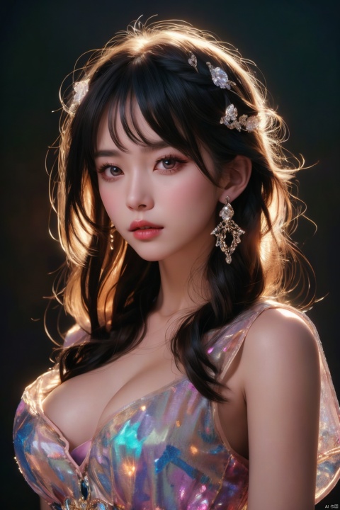  1girl,Mosaic dress,dance, Fairy, crystal, jewels,black, Crystal clear,solo, long hair, looking at viewer,black hair,jewelry, earrings,lips, makeup, portrait, eyeshadow, realistic, nose,{{best quality}}, {{masterpiece}}, {{ultra-detailed}}, {illustration}, {detailed light}, {an extremely delicate and beautiful}, a girl, {beautiful detailed eyes}, stars in the eyes, messy floating hair, colored inner hair, Starry sky adorns hair, depth of field, large breasts,cleavage,zj,
blurry, no humans, traditional media, gem, crystal, still life, Dance,movements, hologram girl