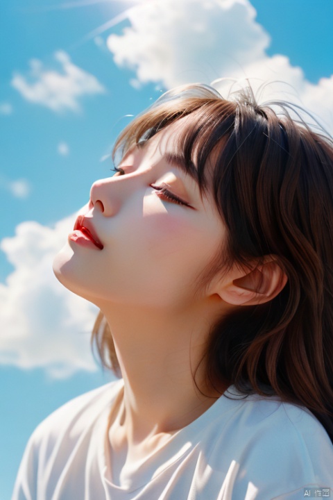  1 girl, European and American face, 70 degree face, looking up ,eyes closed,0.03, revealing ears, brown hair,, white short sleeved shirt,, blue sky background,light cloud, Purity Portait, hologram girl