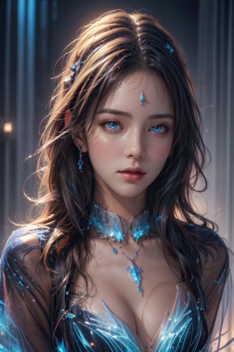  official art,beautiful and aesthetic,1girl,long hair,beautiful face,detailed eyes,colorful,jewelry,night,(realistic:1.5),extreme detailed,(fractal art:1.3),witch, half body,hologram girl, Light master, watercolor