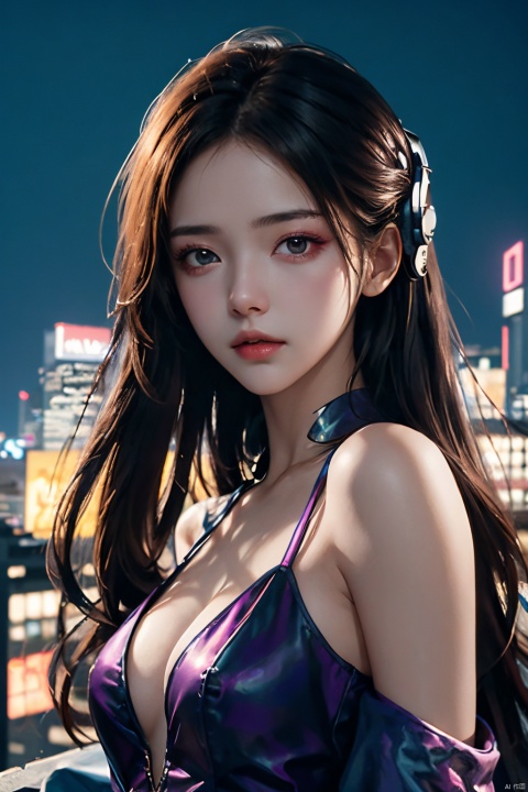  neonpunk style Neon noir leogirl,hANMEIMEI,realistic photography,,On the rooftop of a towering skyscraper,a girl stands,facing the camera directly. Behind her,a multitude of skyscrapers stretches into the distance,creating a breathtaking urban panorama. It's the perfect dusk moment,with the evening sun casting a warm glow on the girl's face,intensifying the scene's impact. The photo captures a sense of awe,with the sharpness and realism making every detail vivid and clear,Hair fluttered in the wind,long hair,halterneck, . cyberpunk, vaporwave, neon, vibes, vibrant, stunningly beautiful, crisp, detailed, sleek, ultramodern, magenta highlights, dark purple shadows, high contrast, cinematic, ultra detailed, intricate, professional, nalanyanran, ((poakl)), Light master