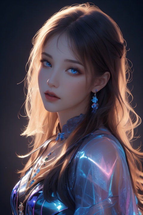  official art,beautiful and aesthetic,1girl,long hair,beautiful face,detailed eyes,colorful,jewelry,night,(realistic:1.5),extreme detailed,(fractal art:1.3),witch, half body,hologram girl