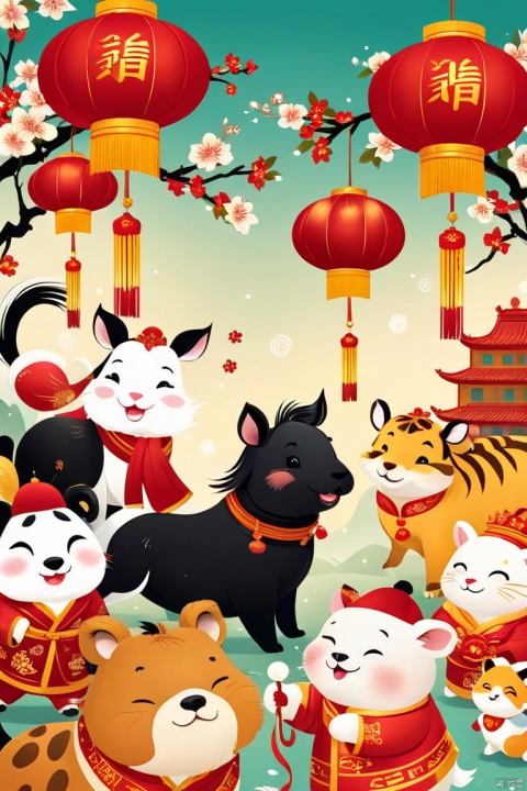  Imagine a lively scene where various animals from the Chinese zodiac come together for a grand New Year's feast. Ensure each animal is depicted with character and personality, showcasing their unique traits. Use a vibrant and festive color palette with red and gold tones, symbolizing good luck and prosperity. Incorporate traditional Chinese New Year decorations like lanterns and firecrackers to enhance the celebratory atmosphere. This illustration should convey joy, togetherness, and the essence of the holiday.
Art Style: Festive and Illustrative
poakl cartoon newyear style,best quality,masterpiece, Face Score, light master