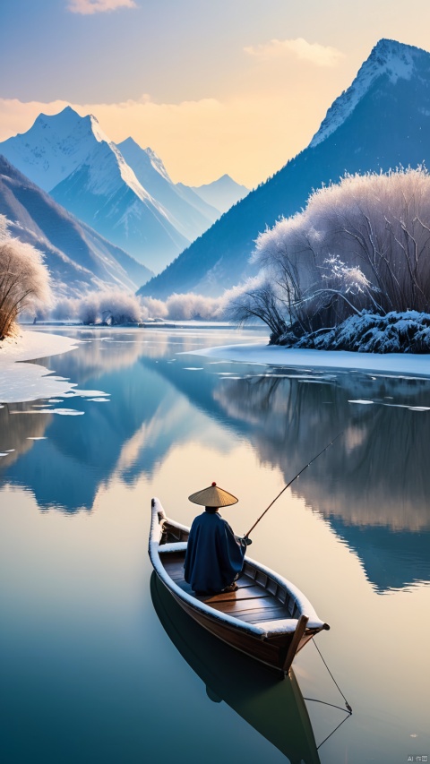 A serene winter landscape with a vast expanse of snow-covered mountains and valleys. The sky is clear, and not a single bird is in sight. All the pathways are covered with snow, showing no signs of human presence. In the middle of a calm, icy river, there is a solitary small boat. An elderly man, dressed in traditional Chinese attire with a bamboo hat and cloak, is sitting in the boat, quietly fishing. The scene is tranquil and cold, with the snow gently falling. The overall mood is peaceful and contemplative.
