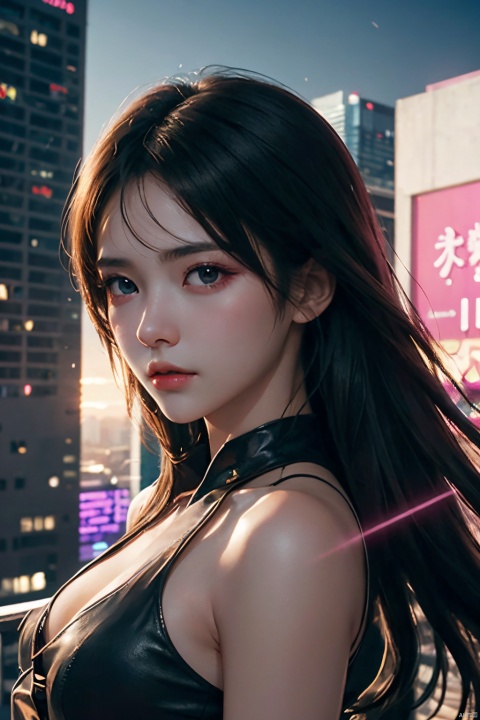  neonpunk style Neon noir leogirl,hANMEIMEI,realistic photography,,On the rooftop of a towering skyscraper,a girl stands,facing the camera directly. Behind her,a multitude of skyscrapers stretches into the distance,creating a breathtaking urban panorama. It's the perfect dusk moment,with the evening sun casting a warm glow on the girl's face,intensifying the scene's impact. The photo captures a sense of awe,with the sharpness and realism making every detail vivid and clear,Hair fluttered in the wind,long hair,halterneck, . cyberpunk, vaporwave, neon, vibes, vibrant, stunningly beautiful, crisp, detailed, sleek, ultramodern, magenta highlights, dark purple shadows, high contrast, cinematic, ultra detailed, intricate, professional, nalanyanran, ((poakl)), Light master