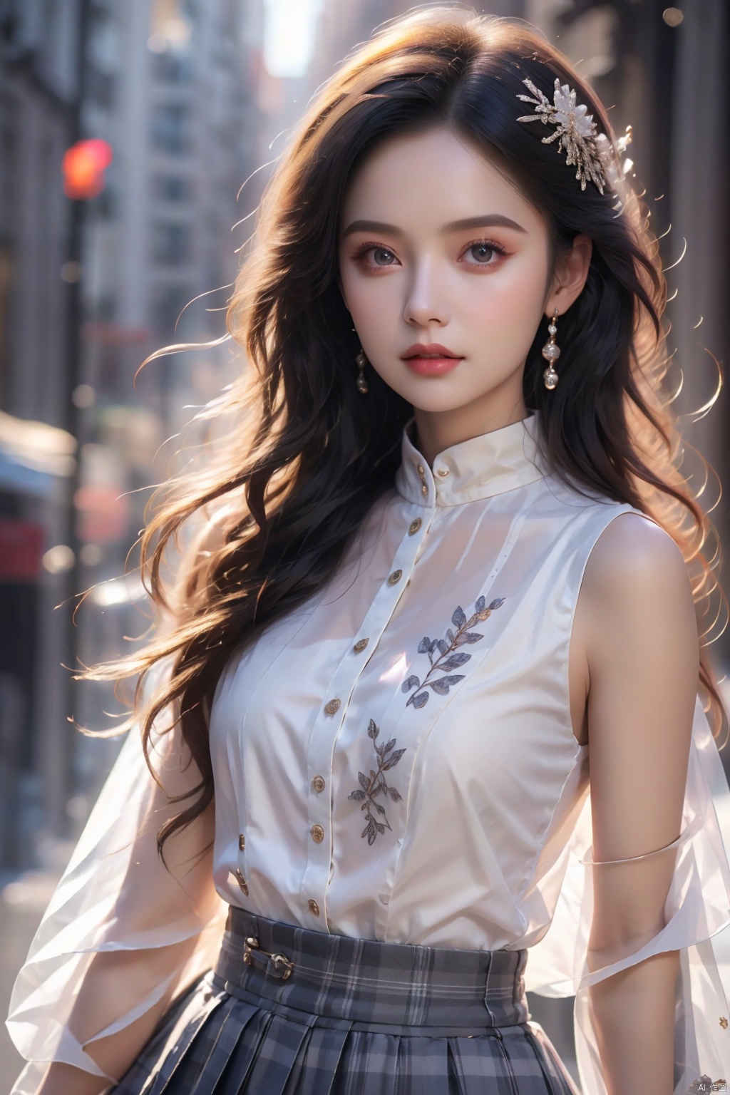  front view,1girl,solo,(JK, white shirt, plaid pleated skirt:1.2)(longeyelashes:1.2),pure grey background,look at viewers,detailed skin,detailed face,ID photo,masterpiece,32k,zhenshi,glowing eyes,Canon,Sony FE GM,Sony FE,Nikon,f/4.0,best quality,high details,16k,8k, rose girl