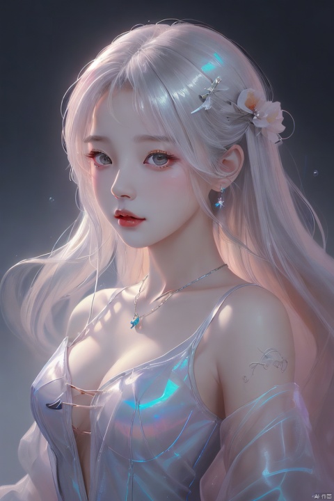  oil painting of a woman for oia stunning, promo by Tony\(dongli\), detailed painting inspired by Charlie Bowater, blooming exquisite necklace, 4 k detailed fantasy, white silver painting, dreamland, (\meng ze\), hologram girl,bubble