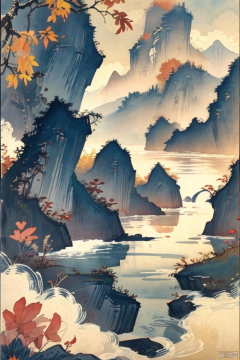  Guofeng, clouds, golden leaves, autumn, water waves, smog. Far Mountains, Sunset, River Water, Grass, Sunset, Ancient Chinese Tower, Minimalism, Zen Aesthetics, Poetry, 8k Quality, Fine Quality, High Quality,,<lora:660447313082219790:1.0>