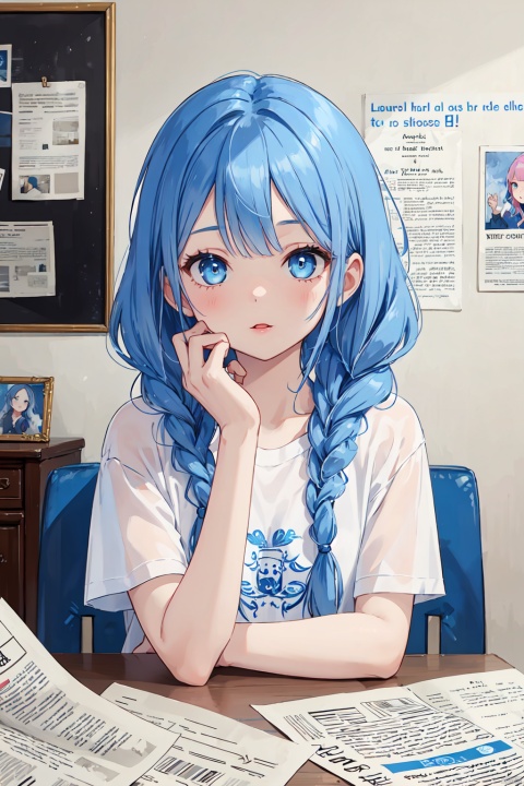 High quality, multi detail, 1 girl, all blue hair, blue hair, pink hair, braids, double braids, blue braids, blue braids, long hair, pompadu hair, bangs, big bangs, silly hair, big silly hair, fluffy hair, T-shirt, upper body, exquisite face, clear eyes, sapphire eyes, newspaper wall, clear newspaper content, 8k, HD