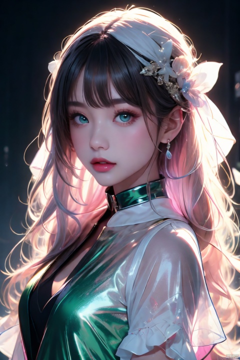  Masterpiece, Ultimate, (A girl was bound with white cloth:1.5), silk, cocoon, spider web, Solo, Complex Details, Color Differences, Realistic, (Moderate Breath), Off Shoulder, Eightfold Goddess, Pink Long Hair, White Headwear, Hair Above One Eye, Green Eyes, Earrings, Sharp Eyes, Perfect Fit, Choker, Dim Lights,cocoon,transparent,jiBeauty, illumination Pro