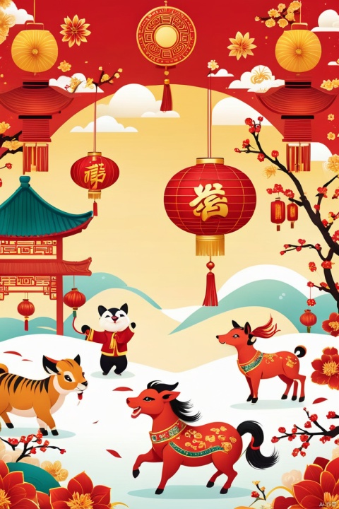 Imagine a lively scene where various animals from the Chinese zodiac come together for a grand New Year's feast. Ensure each animal is depicted with character and personality, showcasing their unique traits. Use a vibrant and festive color palette with red and gold tones, symbolizing good luck and prosperity. Incorporate traditional Chinese New Year decorations like lanterns and firecrackers to enhance the celebratory atmosphere. This illustration should convey joy, togetherness, and the essence of the holiday.
Art Style: Festive and Illustrative
poakl cartoon newyear style,best quality,masterpiece, Face Score, light master