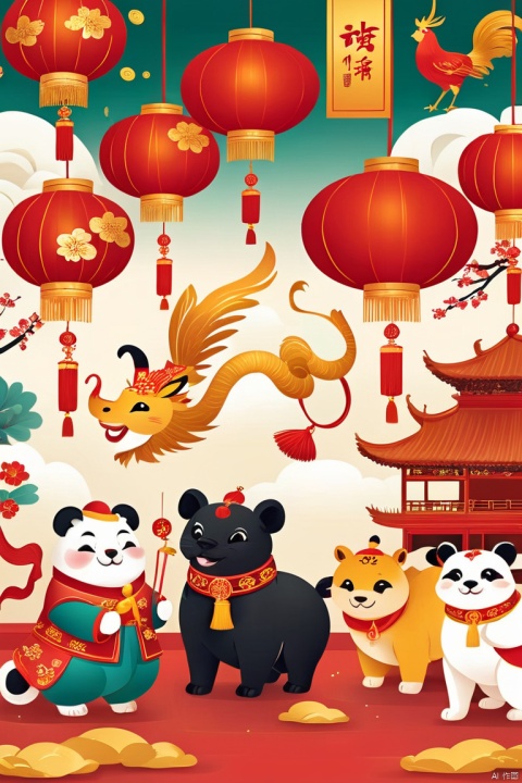  Imagine a lively scene where various animals from the Chinese zodiac come together for a grand New Year's feast. Ensure each animal is depicted with character and personality, showcasing their unique traits. Use a vibrant and festive color palette with red and gold tones, symbolizing good luck and prosperity. Incorporate traditional Chinese New Year decorations like lanterns and firecrackers to enhance the celebratory atmosphere. This illustration should convey joy, togetherness, and the essence of the holiday.
Art Style: Festive and Illustrative
poakl cartoon newyear style,best quality,masterpiece, Face Score, light master