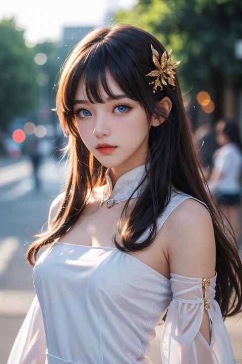  1girl,solo,long hair,hair ornament,blue eyes,(stadning:1.3),bangs,dress,looking at viewer,detached sleeves,blurry,blurry background,outdoors, hologram girl