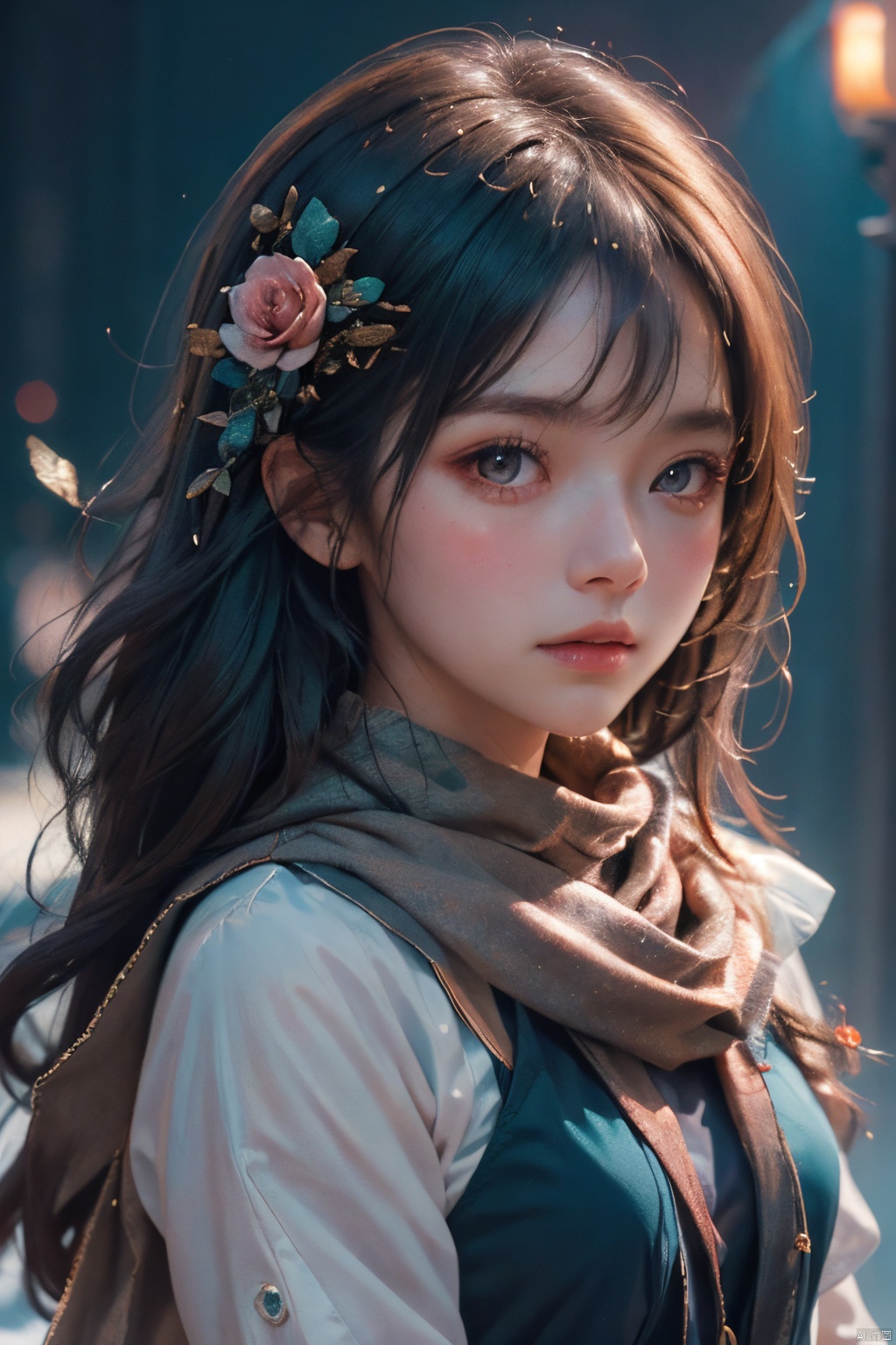  masterpiece, best quality, official art, extremely detailed CG unity 8k wallpaper, 1girl, upper body, face close up, scarf, maid, snow shelter, exposure blend, medium shot, bokeh, (hdr:1.4), high contrast, (cinematic, teal and orange:0.85), (muted colors, dim colors, soothing tones:1.3),, rose girl, Light master,moyou