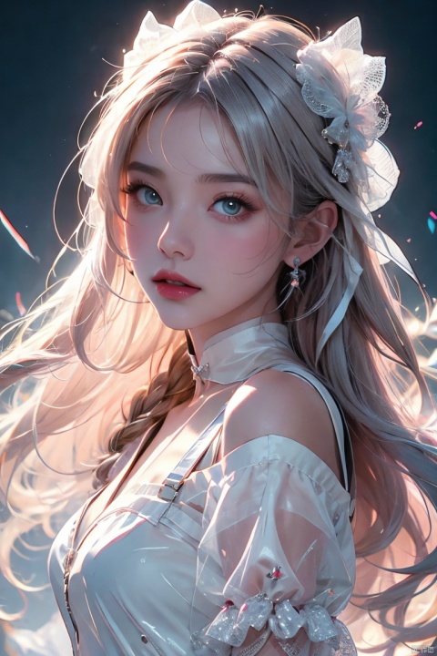  Masterpiece, Ultimate, (A girl was bound with white cloth:1.5), silk, cocoon, spider web, Solo, Complex Details, Color Differences, Realistic, (Moderate Breath), Off Shoulder, Eightfold Goddess, Pink Long Hair, White Headwear, Hair Above One Eye, Green Eyes, Earrings, Sharp Eyes, Perfect Fit, Choker, Dim Lights,cocoon,transparent,jiBeauty, illumination Pro