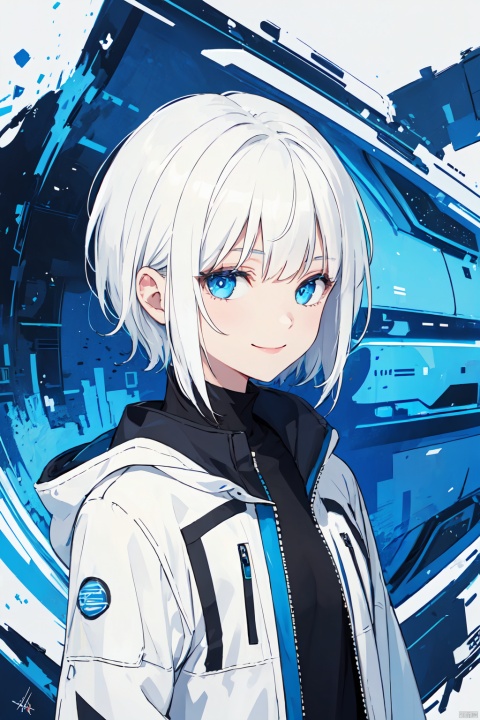 White hair, short hair, stylish hair, smile, blue eyes, sci-fi, white open jacket, abstract design