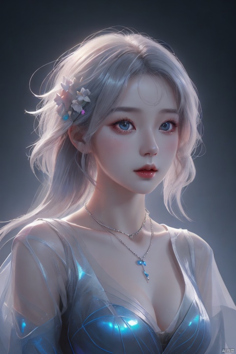  oil painting of a woman for oia stunning, promo by Tony\(dongli\), detailed painting inspired by Charlie Bowater, blooming exquisite necklace, 4 k detailed fantasy, white silver painting, dreamland, (\meng ze\), hologram girl