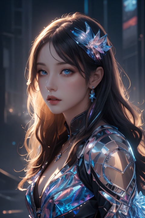  official art,beautiful and aesthetic,1girl,long hair,beautiful face,detailed eyes,colorful,jewelry,night,(realistic:1.5),extreme detailed,(fractal art:1.3),witch, half body,hologram girl