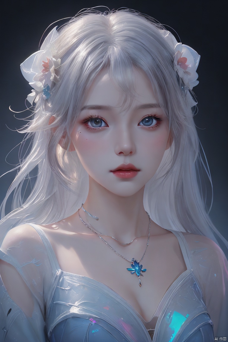  oil painting of a woman for oia stunning, promo by Tony\(dongli\), detailed painting inspired by Charlie Bowater, blooming exquisite necklace, 4 k detailed fantasy, white silver painting, dreamland, (\meng ze\), hologram girl