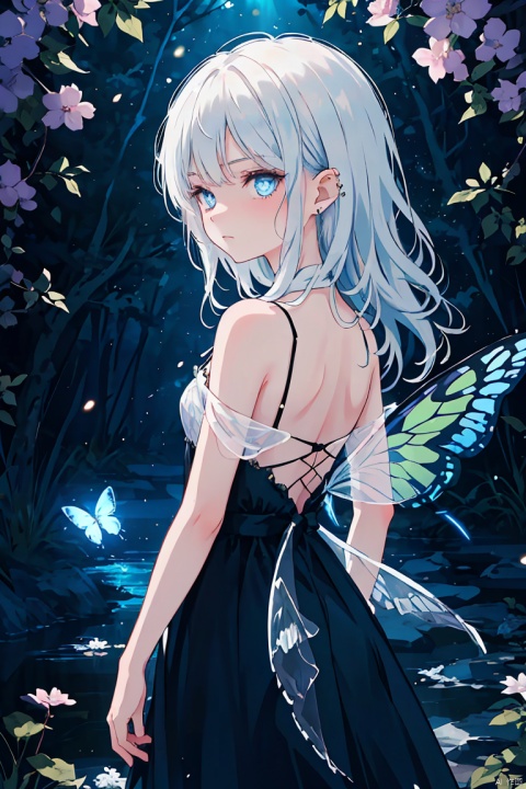 A mystical portrait: a lone figure, shrouded in mystery, amidst a whimsical floral backdrop. The subject, a maiden with long white hair cascading down her back like a river of moonlight, dons a flowing black dress that seems to absorb the darkness around her. Her piercing blue eyes glow with an otherworldly intensity, as if illuminated by the soft light of fireflies on a summer evening. A delicate butterfly perches upon her shoulder, its translucent wings a testament to the intricate detail. In the blink of an eye, one might miss the subtle nuance in her gaze, but it's there – a whispered secret only revealed to those who dare to look closely.