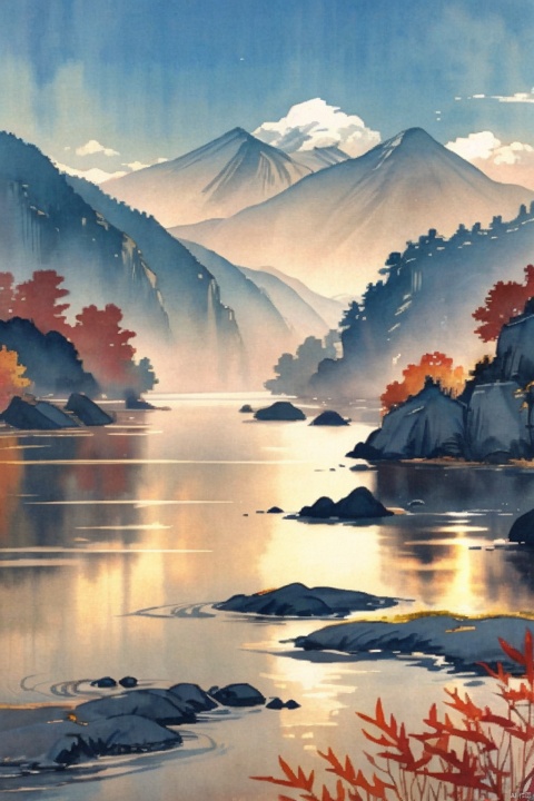  Guofeng, clouds, golden leaves, autumn, water waves, smog. Far Mountains, Sunset, River Water, Grass, Sunset, Ancient Chinese Tower, Minimalism, Zen Aesthetics, Poetry, 8k Quality, Fine Quality, High Quality,,<lora:660447313082219790:1.0>,<lora:660447313082219790:1.0>
