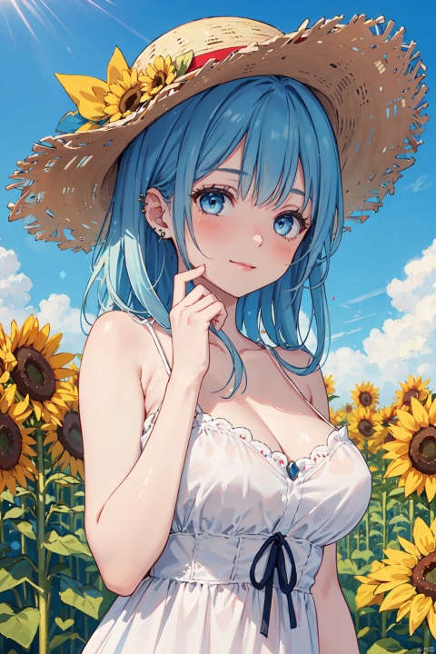A breathtaking masterpiece! A stunning young woman with striking blue hair and piercing blue eyes poses in a picturesque field of sunflowers, her sleeveless white dress fluttering gently in the breeze. She wears a straw hat adorned with a yellow flower, her bangs framing her radiant smile as she gazes directly at the viewer. Her bare shoulders and medium breasts are subtly showcased, while her hand rests on the brim of her hat. The bright blue sky above is dotted with fluffy clouds, creating a soft focus effect that blurs the edges. As she looks up at the heavens, a gentle blush rises to her cheeks.