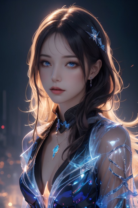  official art,beautiful and aesthetic,1girl,long hair,beautiful face,detailed eyes,colorful,jewelry,night,(realistic:1.5),extreme detailed,(fractal art:1.3),witch, half body,hologram girl