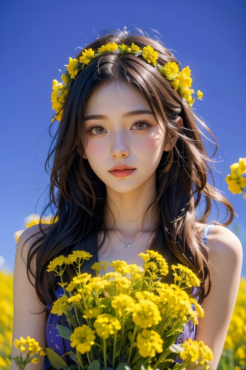 A beautiful young girl taking photos, wearing a delicate flower wreath, surrounded by blooming canola flowers. The background is a simple blend of pure purple and blue, with cinematic lighting that makes the whole scene more vivid and textured. Ultra HD photo of a girl in a flower wreath surrounded by canola flowers, pure purple and blue background, film-level lighting, trending on Unsplash, high quality, sharp focus, vibrant colors, artistic, natural beauty, serene atmosphere, photorealistic image by top photographers, inspired by Pinterest and Instagram.
, Light master